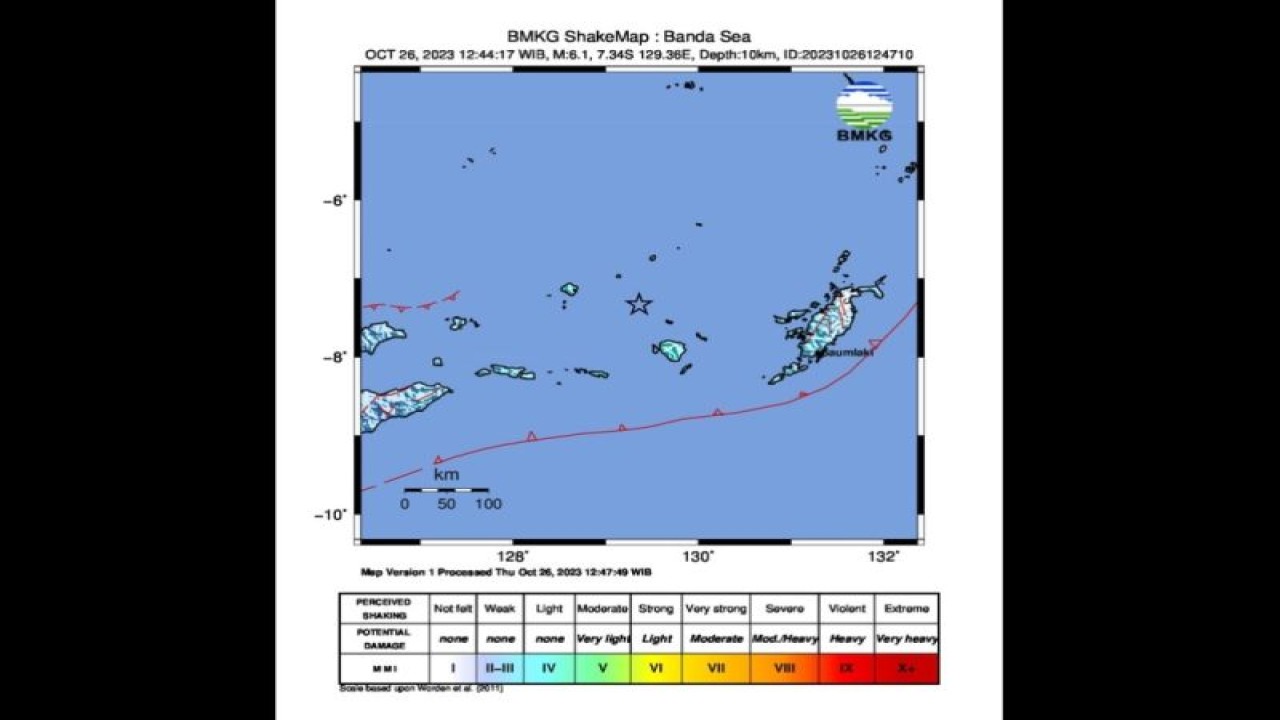 Peta pusat gempa dengan magnitudo 6,1 di Laut Banda, Maluku, pada Kamis (26/10/2023) pukul 12.44 WIB. (BMKG)
