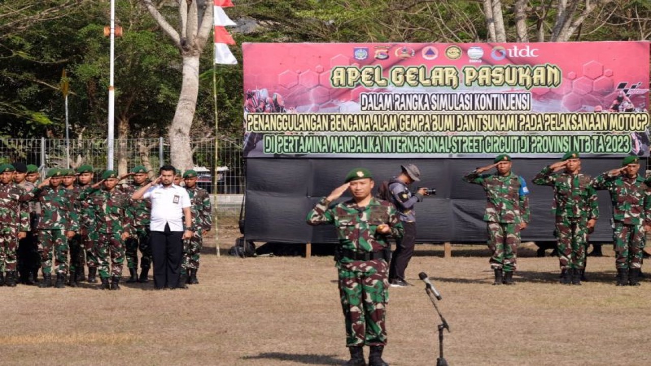 Apel gelar pasukan dan kontigensi pengamanan ajang MotoGP Mandalika 2023, Selasa (10/10/2023) (ANTARA/HO-Humas Kodim 1620 Lombok Tengah)