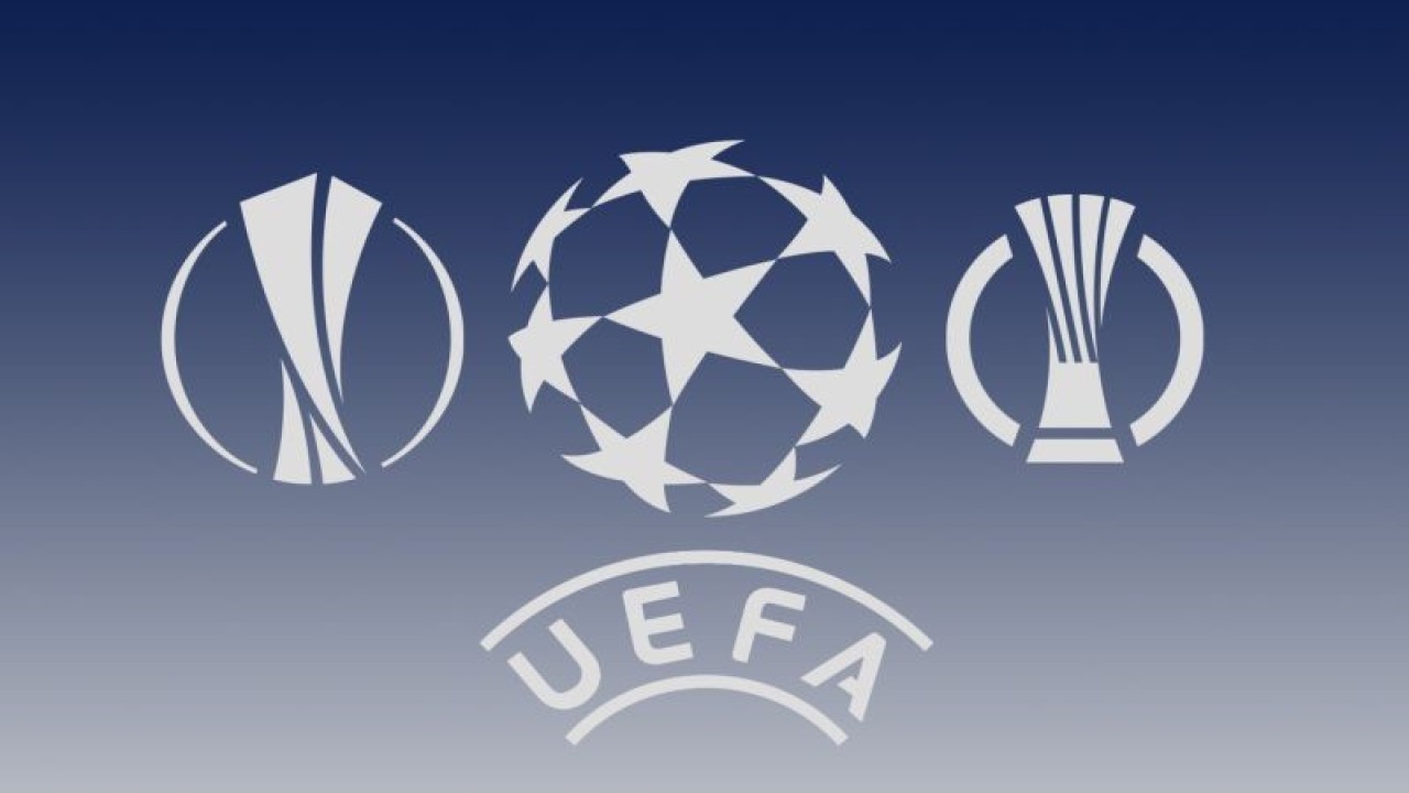 Ilustrasi logo tiga kompetisi klub Eropa yang bergulir musim 2021/22 yakni Liga Champions (tengah), Liga Europa (kiri) dan Liga Conference. (ANTARA/Gilang Galiartha)