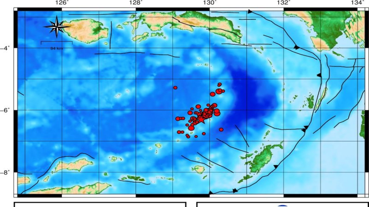Badan Meteorologi Klimatologi dan Geofisika (BMKG) mendata sebanyak 82 kali gempa susulan pasca gempa bumi utama magnitudo 7.2 di Laut Banda, Rabu (8/11). ANTARA/ Ho- BMKG.