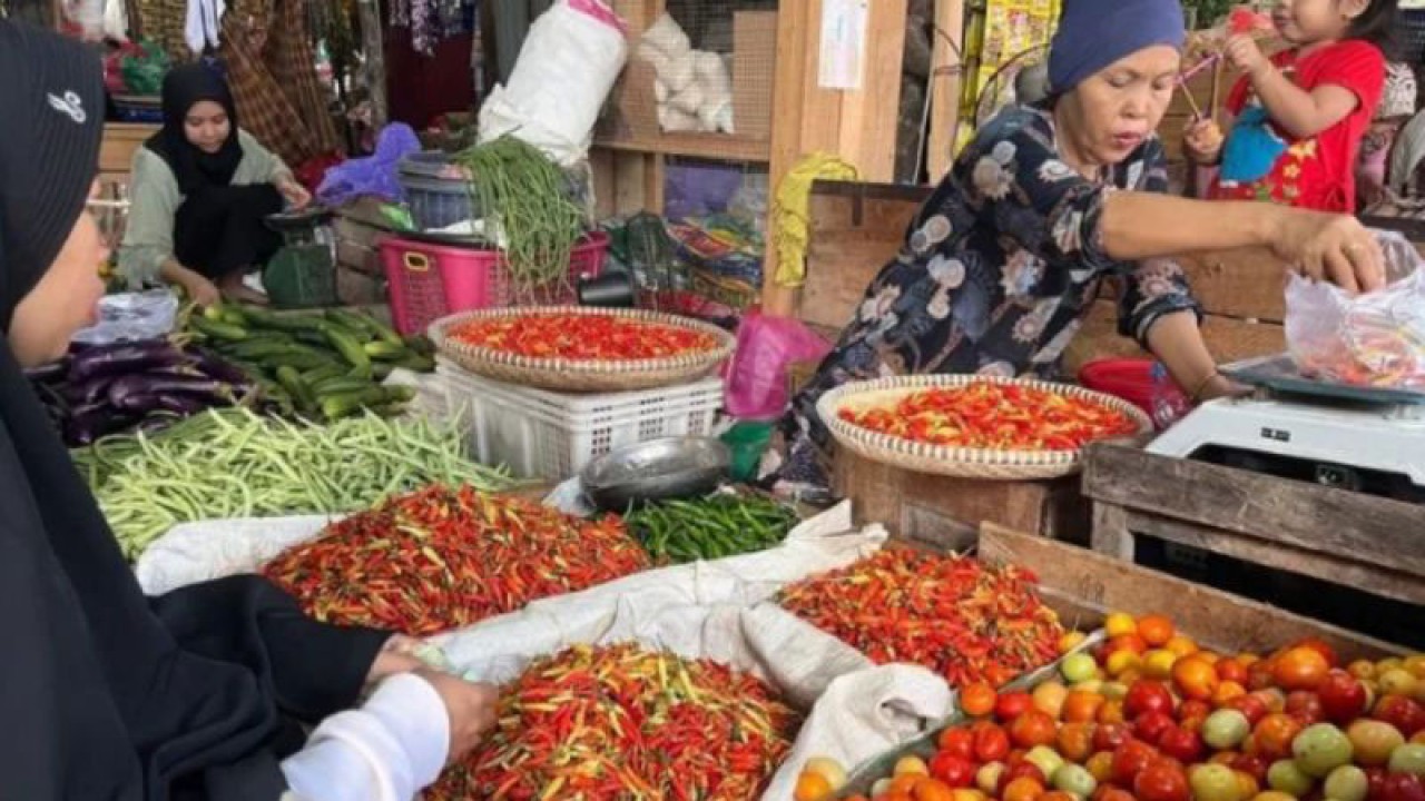 Pedagang cabai melayani konsumen di Pasar Ampera Simpang Empat, Kabupaten Tanah Bumbu Kalimantan Selatan, Senin (27/11/2023). (ANTARA/Sujud Mariono)