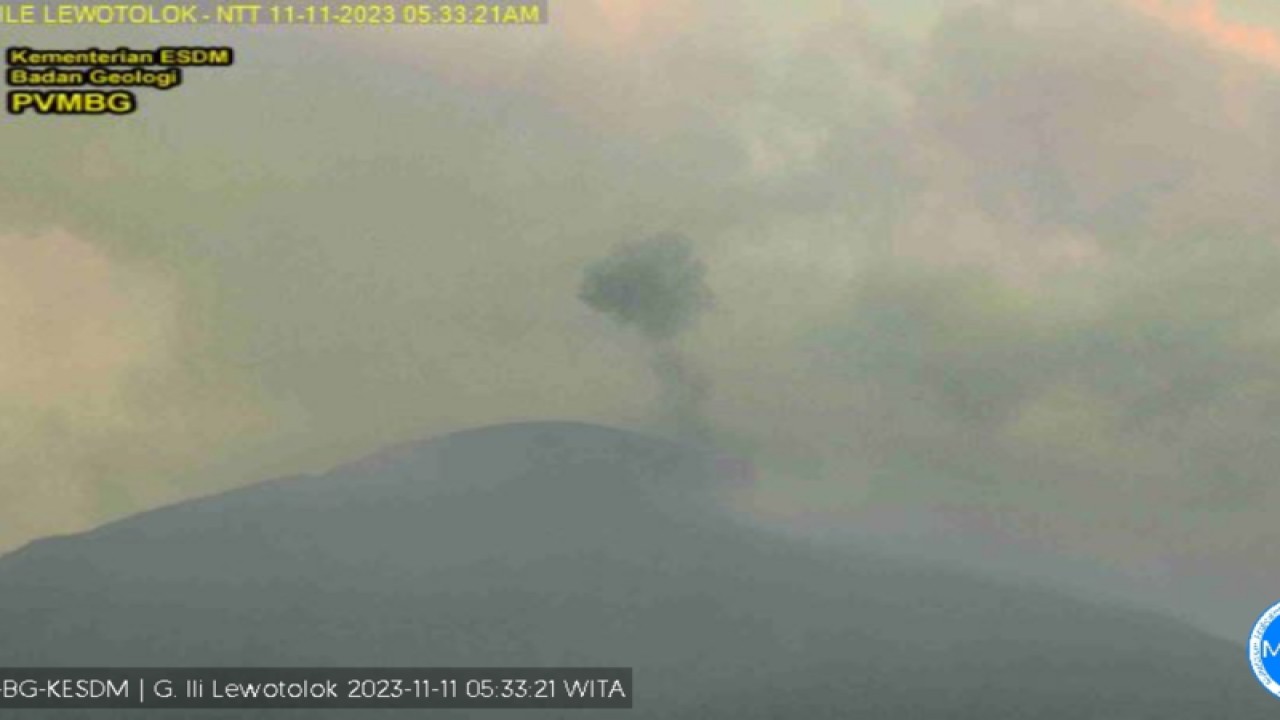 Tangkapan layar kamera CCTV yang memperlihatkan erupsi yang keluar dari kawah Gunung Ili Lewotolok di Nusa Tenggara Timur, Sabtu (11/11/2023). (ANTARA/HO-PVMBG)