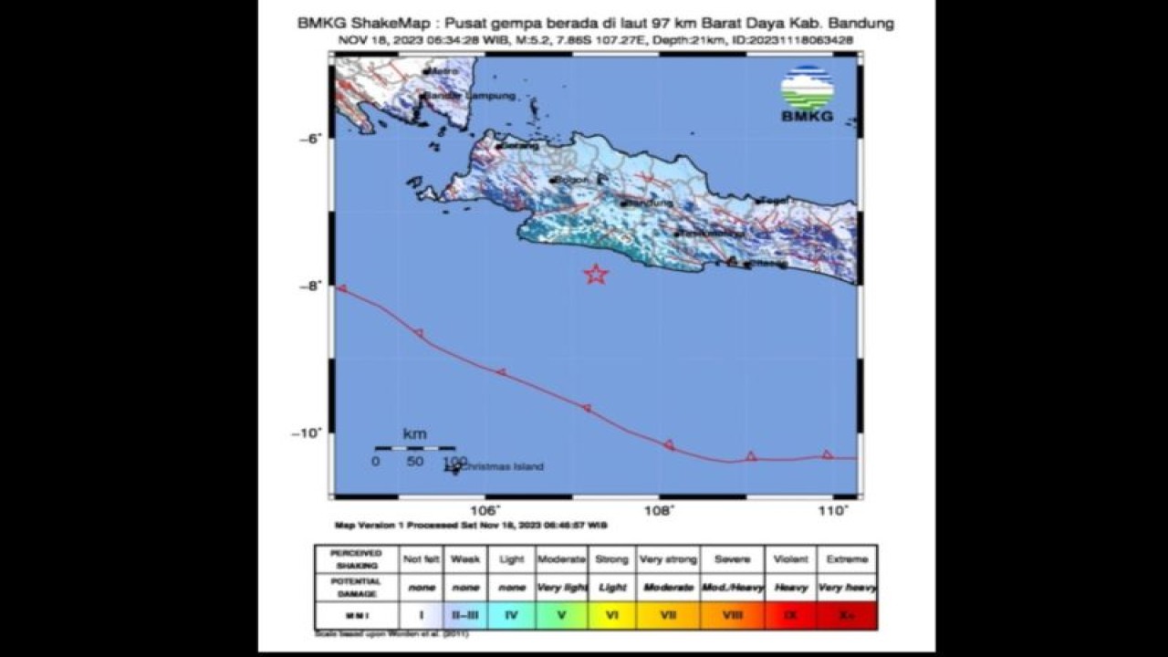 Peta pusat gempa bumi dengan magnitudo 5,2 di barat daya Kabupaten Bandung, Provinsi Jawa Barat, pada Sabtu (18/11/2023) pagi. (ANTARA/HO-BMKG)