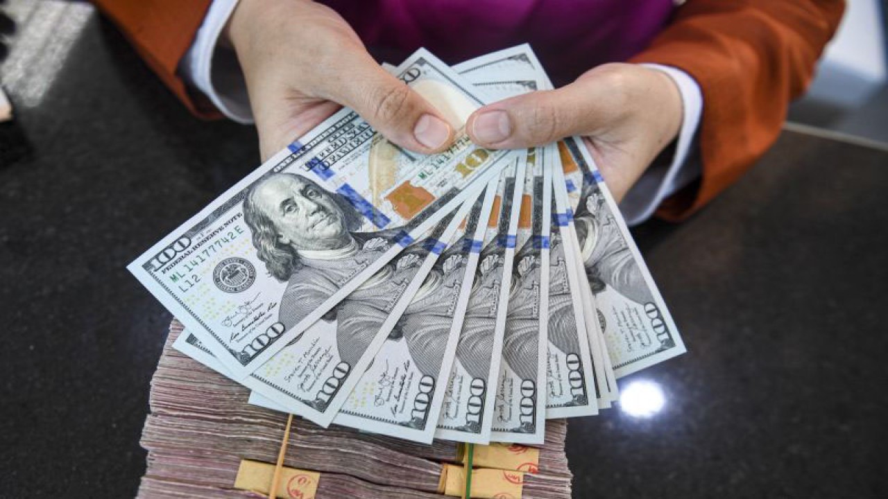 Petugas menunjukan uang pecahan dolar AS di gerai penukaran mata uang asing VIP (Valuta Inti Prima) Money Changer, Jakarta, Senin (20/11/2023). . ANTARA FOTO/Muhammad Adimaja/YU (ANTARA FOTO/MUHAMMAD ADIMAJA)