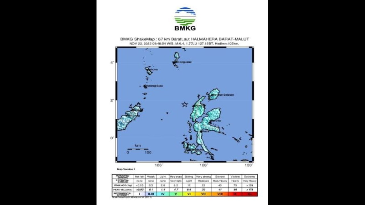 Peta pusat gempa M6,4 yang mengguncang wilayah Laut Maluku, Halmahera, Rabu (22/11/2023). (ANTARA/HO-BMKG)