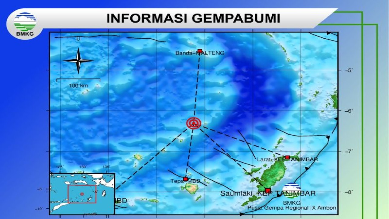Badan Meteorologi Klimatologi, dan Geofisika (BMKG) menyampaikan gempa bumi berkekuatan magnitudo 7,2 mengguncang Tepa Maluku Barat Daya (MBD) Provinsi Maluku  pukul 13.52 WIT, Rabu (8/11). ANTARA/ Ho- BMKG.