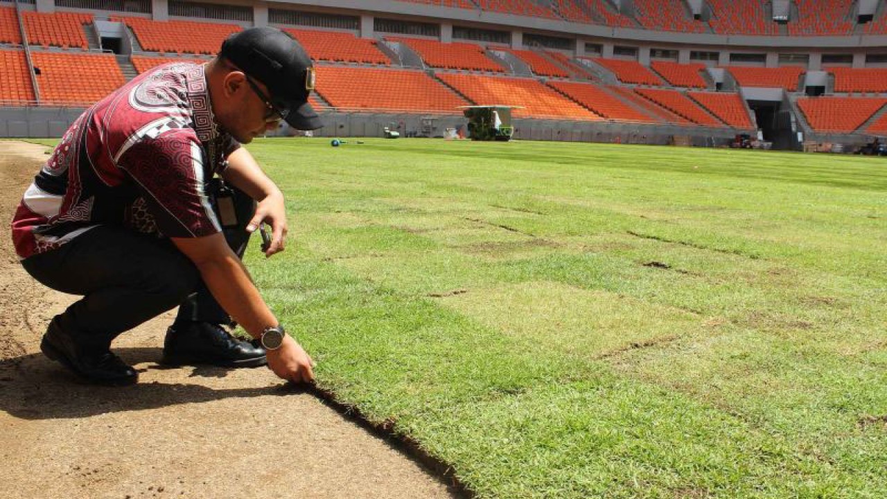 Fotobarsip - Petugas memeriksa rumput Jakarta Internasional Stadium (JIS) yang dalam proses perbaikan di Jakarta, Kamis (19/10/2023). Pemprov DKI Jakarta menyatakan renovasi JIS untuk Piala Dunia U-17 mencapai 95 persen dan ditargetkan selesai pada akhir Oktober 2023. ANTARA FOTO/Khaerul Izan/nym.