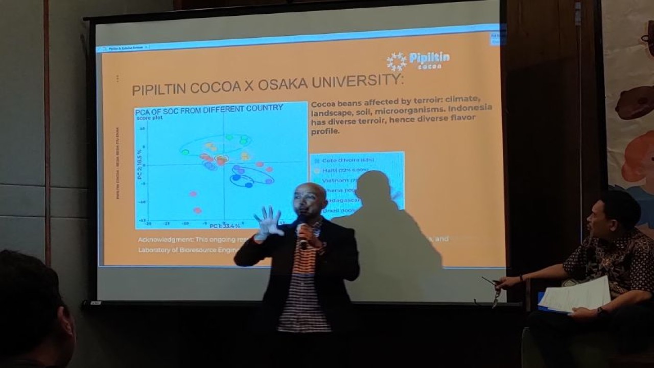 Pemimpin perusahaan Pipiltin Cocoa Irvan Helmi saat memaparkan potensi cokelat artisan dari kakao lokal Indonesia yang khas saat diskusi dalam acara kongkow sobat industri dengan tema "mengenal manisnya cokelat lokal" di Kota Bogor, Jawa Barat, Rabu (29/11/2023). (ANTARA/Linna Susanti)