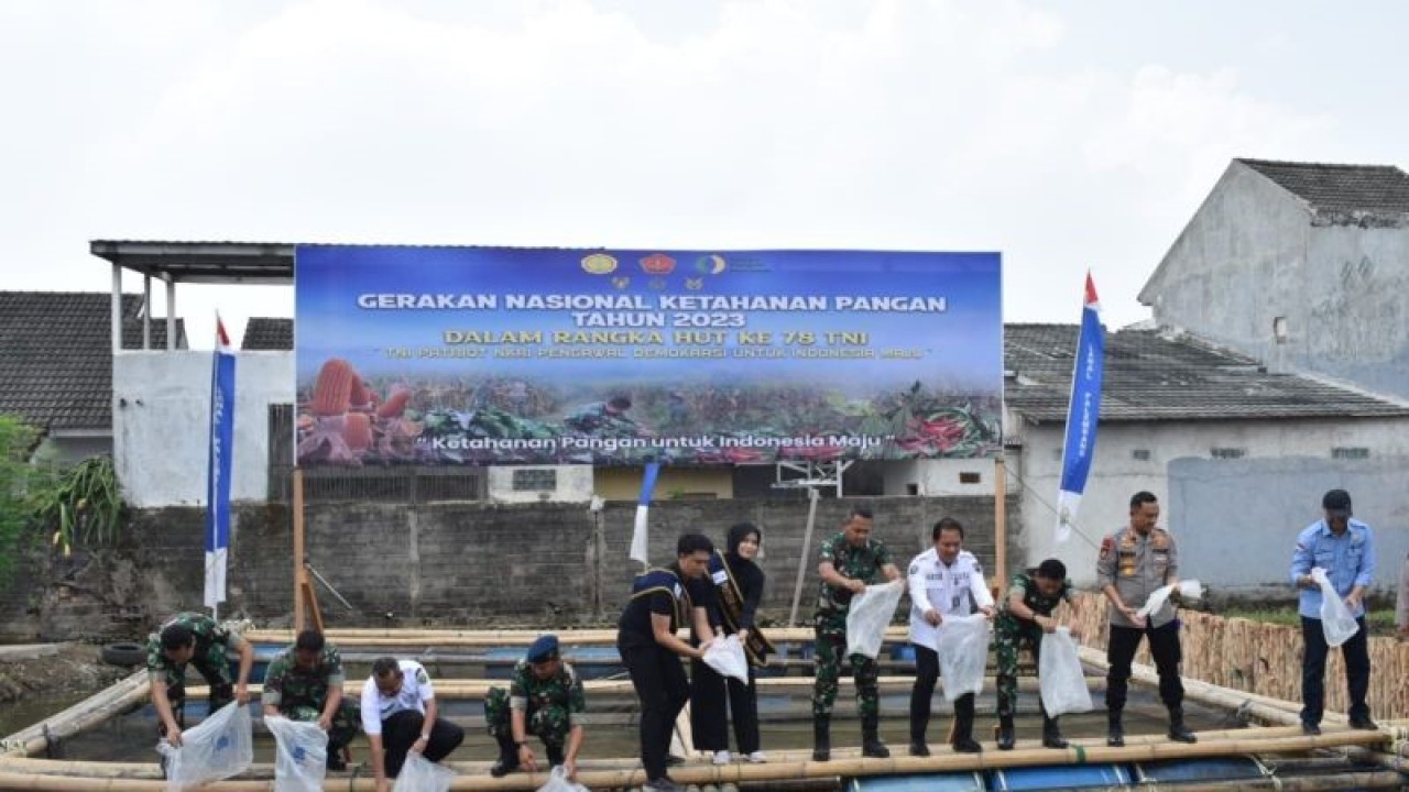 Jajaran Pangkalan TNI Angkatan Laut (Lanal) Palembang menabur 4.000 benih ikan lele dan nila merah di Palembang, Rabu (1/11/2023). (ANTARA/ HO - Lanal Palembang)
