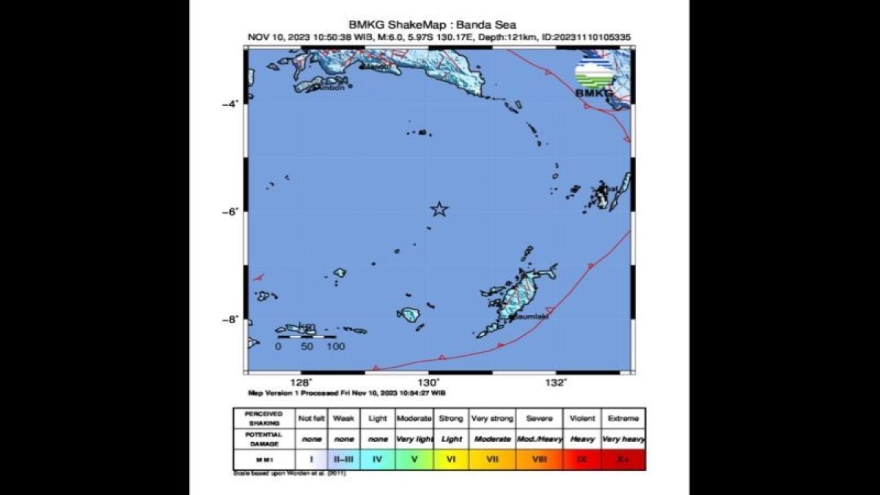 Peta pusat gempa di Laut Banda magnitudo 6,0 pukul 10.50 WIB, Jumat (10/11/2023). (ANTARA/HO-BMKG)