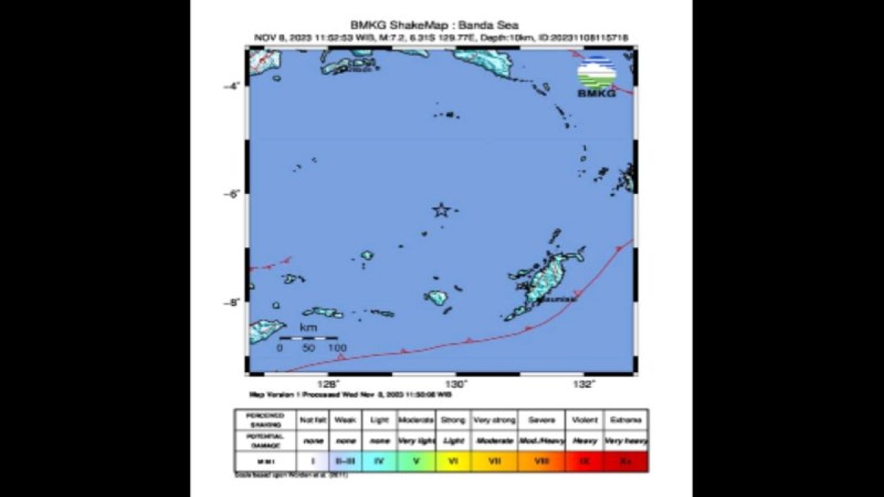 Peta pusat gempa magnitudo 7,2 di wilayah barat laut, Tanimbar, Maluku, Rabu (8/11/2023). (ANTARA/HO-BMKG)