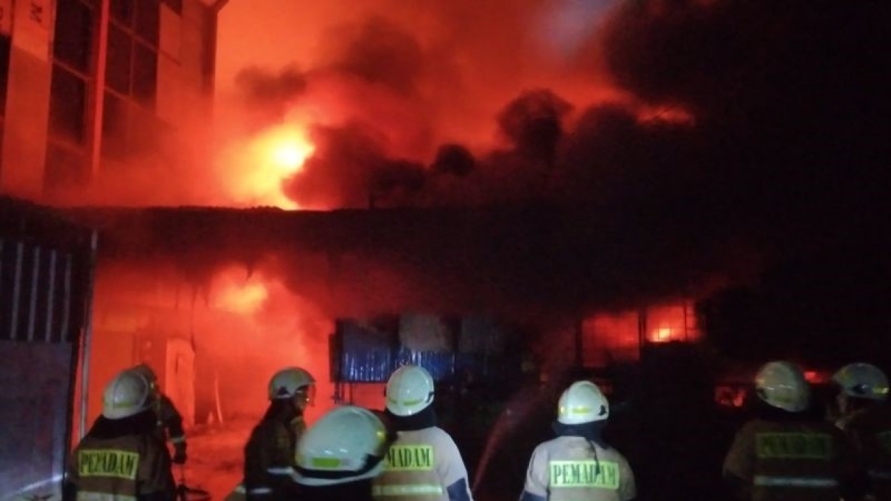 Sejumlah petugas Suku Dinas Penanggulangan Kebakaran dan Penyelamatan (Gulkarmat) Jakarta Timur memadamkan api yang menghanguskan enam lapak produksi mebel di Jalan Pahlawan Revolusi, Kelurahan Pondok Bambu, Kecamatan Duren Sawit, Jakarta Timur, Kamis dini hari (16/11/2023). ANTARA/HO-Sudin Gulkarmat Jakarta Timur