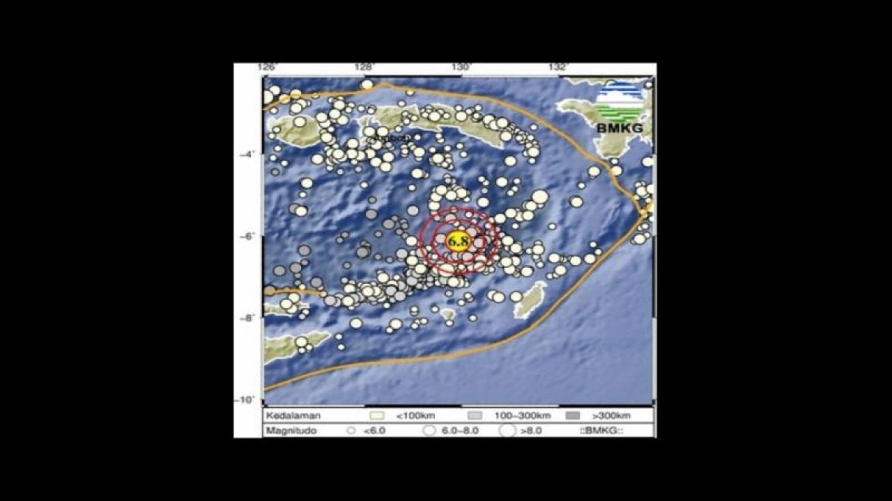 Titik gempa M 6,8 Kabupaten Kepulauan Tanimbar, Maluku, Rabu (8/11/2023). (Antara/HO-BMKG)