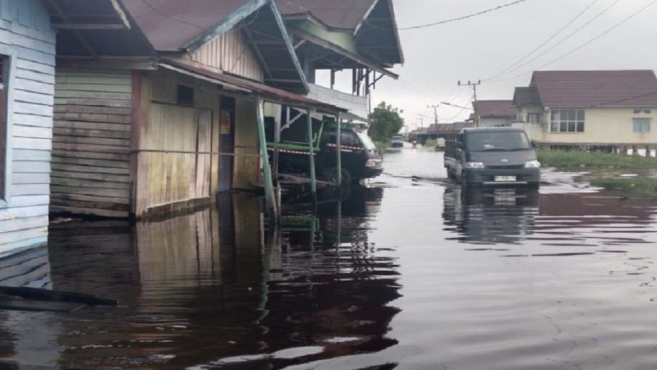 Warga melintasi jalan yang tergenang banjir di wilayah Kelurahan Petuk Katimpun, Kota Palangka Raya. (ANTARA/Rendhik Andika)