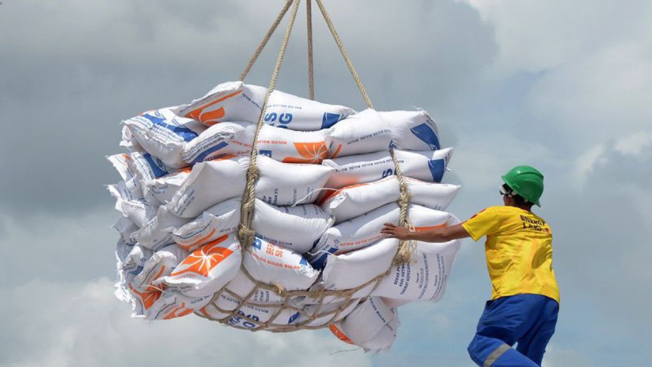 Buruh pelabuhan membongkar beras impor dari kapal kargo berbendera Vietnam di Pelabuhan Malahayati, Krueng Raya, Kabupaten Aceh Besar, Aceh, Rabu (11/10/2023). Pemerintah memberikan tambahan kuota penugasan impor beras kepada Perum Bulog sebanyak 1,5 juta ton untuk memperkuat cadangan beras pemerintah (CBP) dan menstabilkan harga beras di pasaran, sementara stok beras Bulog hingga pekan pertama Oktober 2023 mencapai 1,7 juta ton. ANTARA FOTO/Ampelsa/Spt.