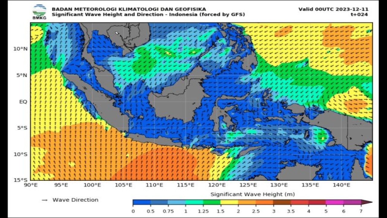 Peta potensi gelombang tinggi yang dirilis Badan Meteorologi Klimatologi, dan Geofisika (BMKG) pada Senin (11/12/2023). (ANTARA/HO-BMKG)