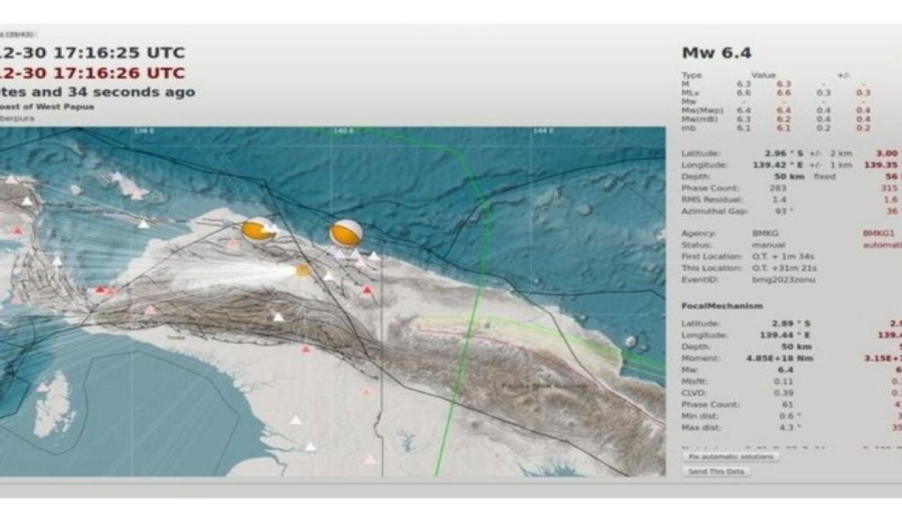 Peta pusat gempa dengan kekuatan magnitudo 6,4 di wilayah Sarmi, Papua, Minggu (31/12/2023). (ANTARA/HO-BMKG)