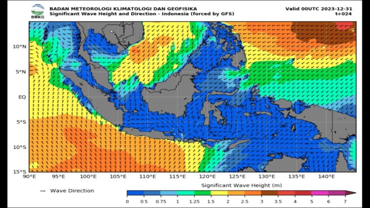 Peta potensi gelombang tinggi yang dirilis Badan Meteorologi Klimatologi, dan Geofisika (BMKG) pada Sabtu (30/12/2023). (ANTARA/HO-BMKG)