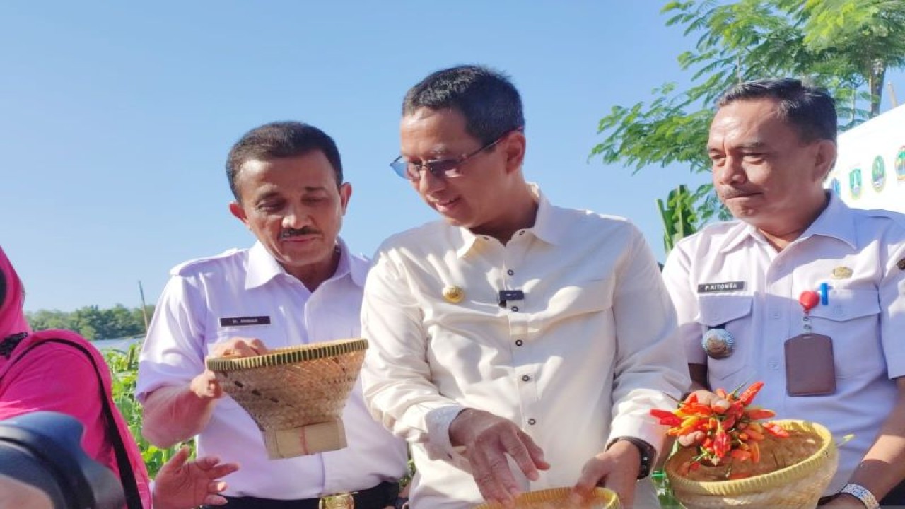 Penjabat (Pj) Gubernur DKI Jakarta Heru Budi Hartono menanam cabai serentak bersama Kelompok Tani Pinggir Bumi (KTPB) di Buperta Cibubur, Cipayung, Jakarta Timur, Rabu (20/12/2023). (ANTARA/Siti Nurhaliza)