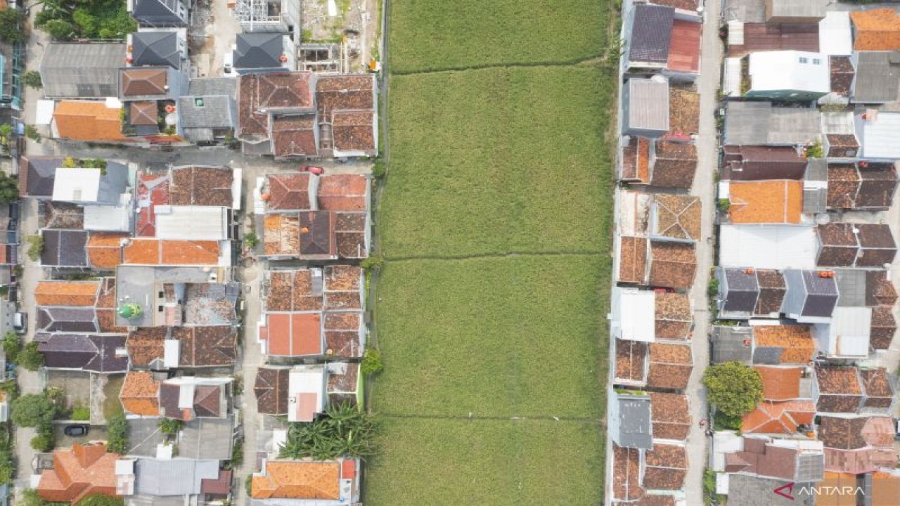Foto udara areal persawahan di tengah permukiman padat penduduk di kawasan Rorotan, Jakarta Utara, Minggu (12/3/2023). ANTARA FOTO/M Risyal Hidayat/rwa.