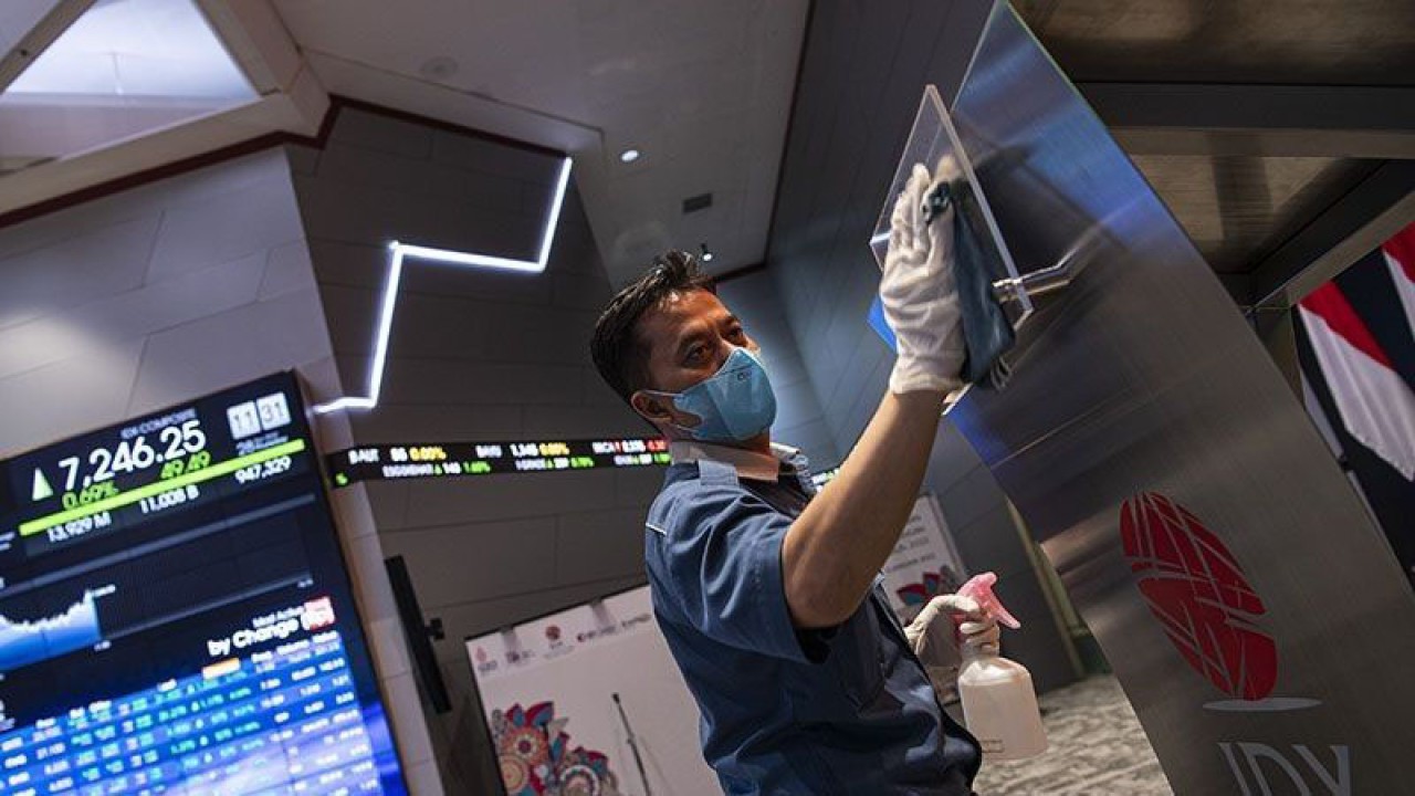 Pekerja membersihkan podium berlatar belakang layar pergerakan indeks harga saham gabungan (IHSG) di Bursa Efek Indonesia, Jakarta, Kamis (28/4/2022). ANTARA FOTO/Sigid Kurniawan/tom/pri.