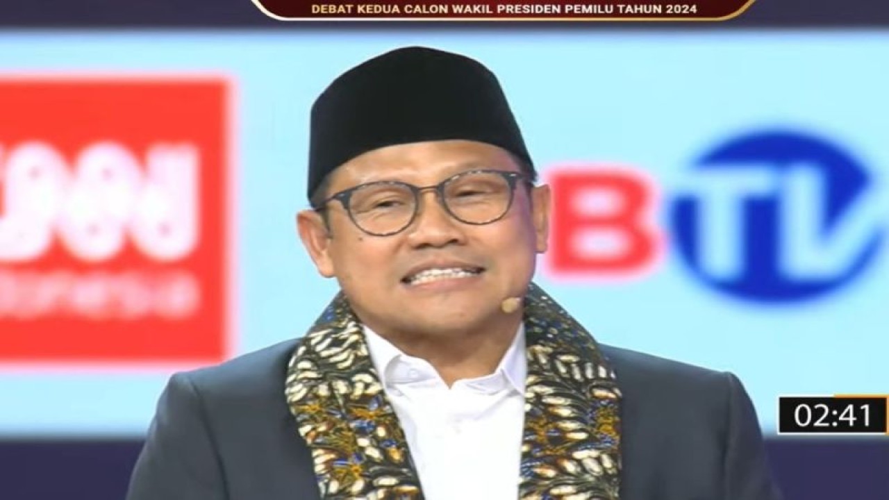 Tangkapan layar - Calon wakil presiden nomor urut 1 Muhaimin Iskandar dalam debat kedua Pemilu Presiden (Pilpres) 2024 yang diselenggarakan Komisi Pemilihan Umum (KPU) di Jakarta Convention Center (JCC), Jakarta, Jumat (22/12/2023). (ANTARA/Donny Aditra)