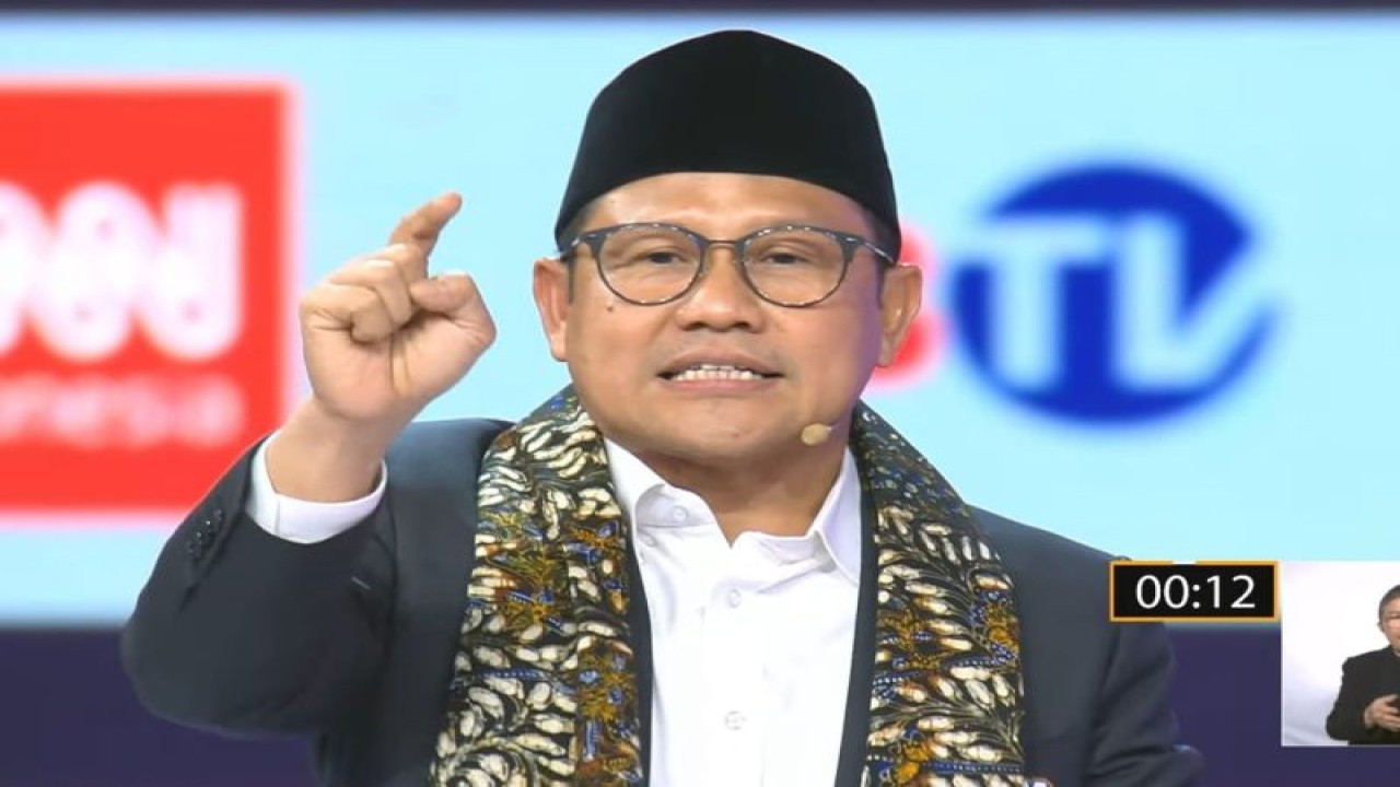 Tangkapan layar calon wakil presiden nomor urut 1, Abdul Muhaimin Iskandar, dalam debat kedua Pilpres 2024 di Jakarta Convention Center, sebagaimana dipantau dari kanal YouTube KPU di Jakarta, Jumat (22/12/2023). ANTARA/Tri M Ameliya