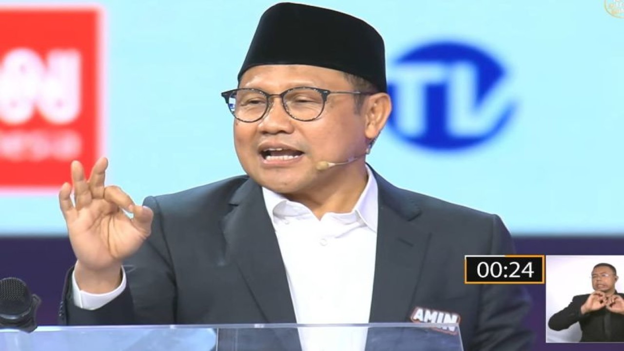 Tangkapan layar - Calon wakil presiden nomor urut 1 Abdul Muhaimin Iskandar dalam debat kedua Pilpres 2024 di Jakarta Convention Center (JCC), sebagaimana dipantau dari kanal YouTube KPU RI di Jakarta, Jumat (22/12/2023). (ANTARA/Tri Meilani Ameliya)