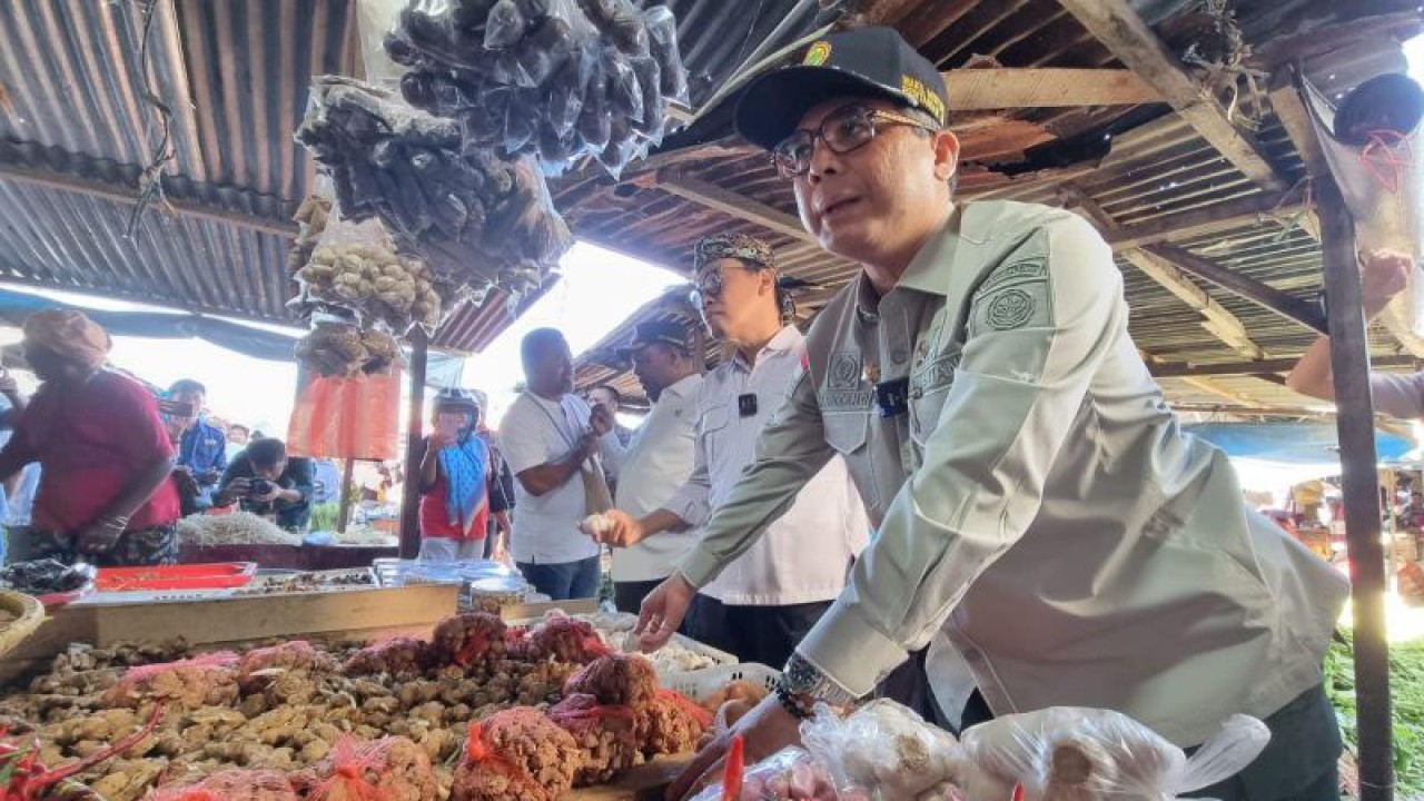 Wamentan Harvik Hasnul Qolby meninjau stok komoditas pangan di Pasar Wosi Manokwari, Papua Barat, Sabtu. (ANTARA/Fransiskus Salu Weking)