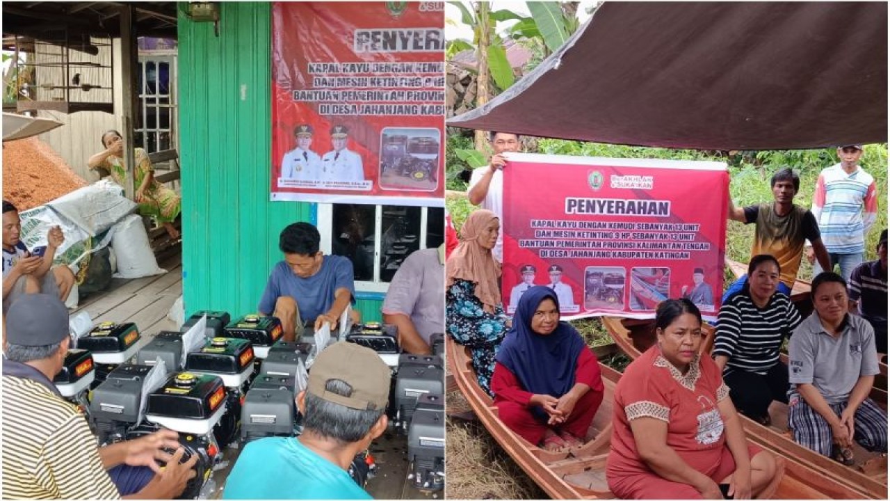 Pemberian bantuan 13 unit perahu bermesin kepada nelayan di Desa Jahanjang, Kecamatan Kamipang, Kabupaten Katingan, Kalteng, Kamis (7/12/2023). ANTARA/HO-Dislutkan Kalteng
