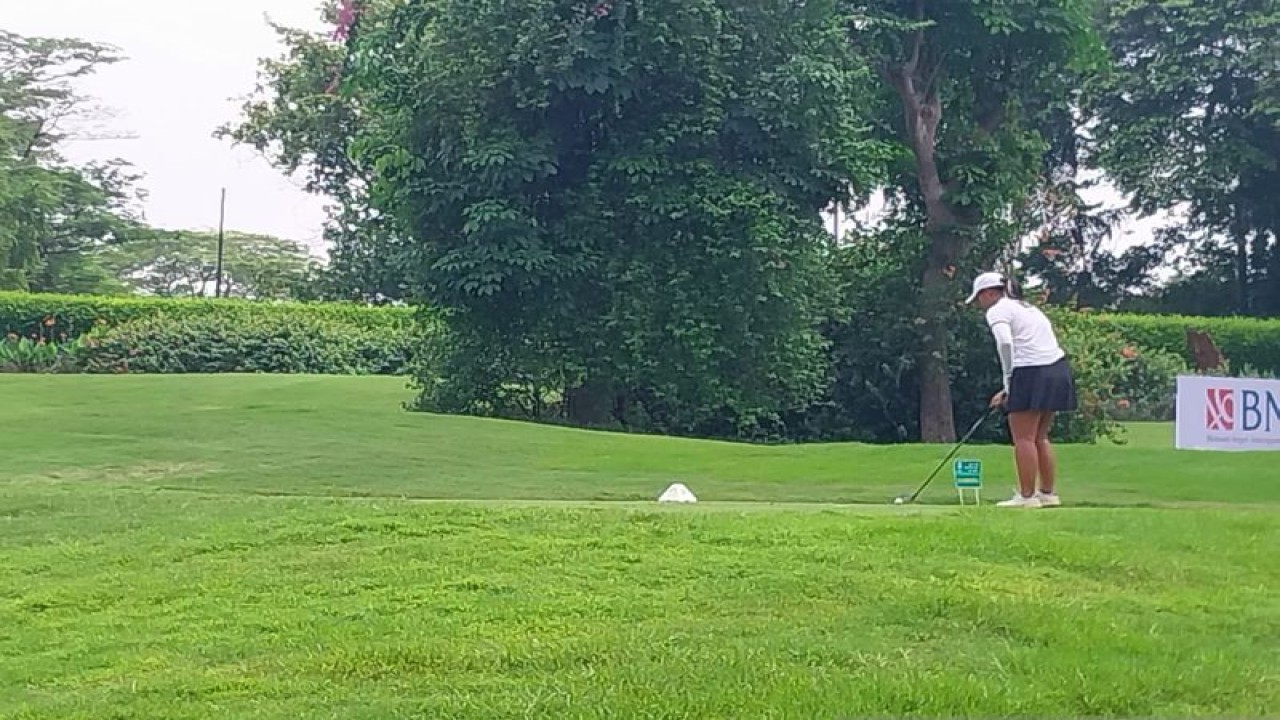 Seorang pegolf tampil dalam turnamen International Junior Golf Championship 2023 di lapangan Pondok Indah Golf, Jakarta, Rabu (13/12/2023). (ANTARA/Aloysius Lewokeda)