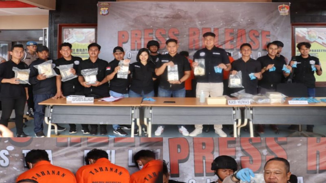 Kolase - Press rilis pengungkapan 15 kilogram sabu-sabu dan 3.400 butir ekstasi di Mapolres Bulungan, Kalimantan Utara, Kamis (14/12/2203). (ANTARA/HO-Polresta Bulungan)
