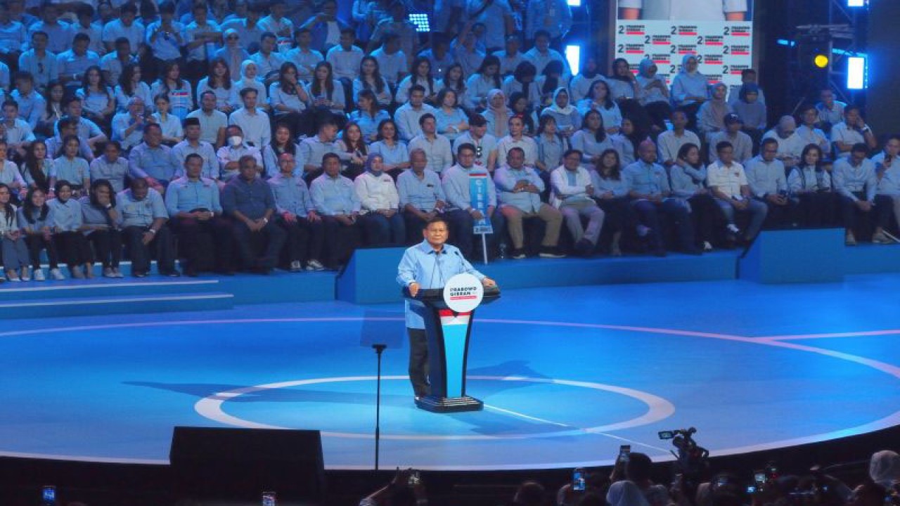 Capres nomor urut 2 Prabowo Subianto dalam Konsolidasi Tim Pemenangan Prabowo-Gibran di Sentul International Convention Center (SICC), Kabupaten Bogor, Jawa Barat, Minggu (10/12/2023). (ANTARA/M Fikri Setiawan)