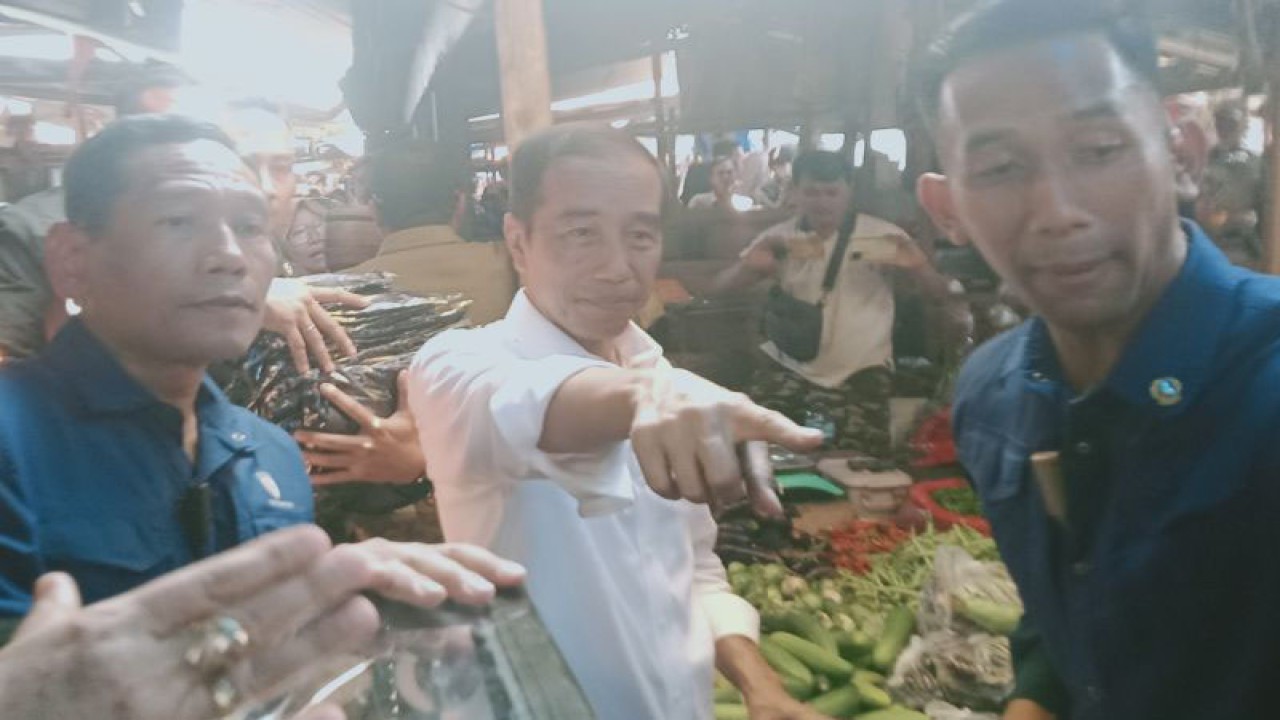 Presiden Jokowi (tengah) ketika melakukan kunjungan ke Paser Rakyat Waru di Kecamatan Waru, Kabupaten Penajam Paser Utara, Provinsi Kalimantan Timur, pada Kamis 21 Desember 2023 (ANTARA/Nyaman Bagus Purwaniawan)