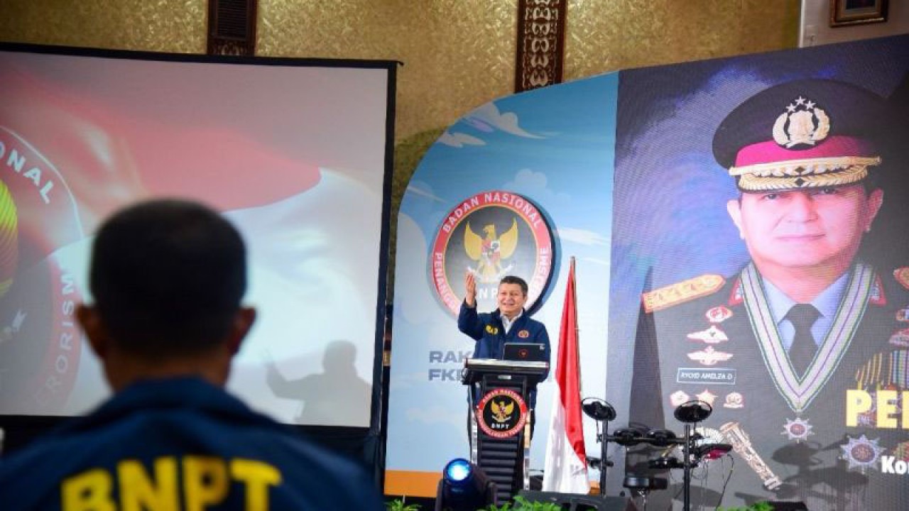 Kepala BNPT Komjen Pol. Mohammed Rycko Amelza Dahniel pada Rakornas ke-VII FKPT di Jakarta, Selasa (19/12/2023). (ANTARA/HO-BNPT RI)