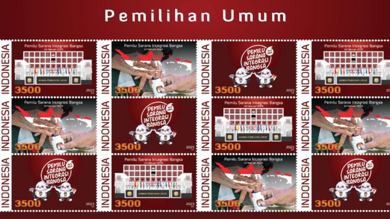Tampilan prangko seri Pemilu Serentak 2024. (ANTARA/HO-Pos Indonesia)
