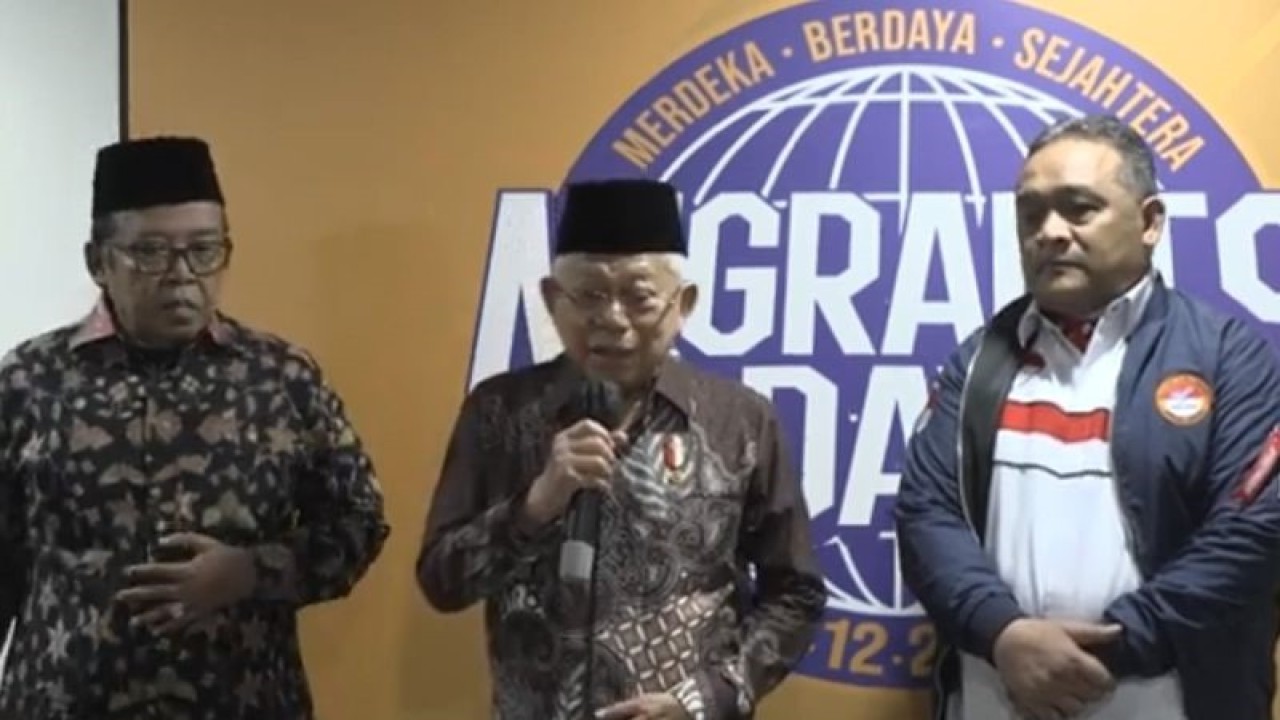 Tangkapan layar - Wakil Presiden Ma'ruf Amin saat menyampaikan keterangan usai menghadiri acara Hari Pekerja Migran Internasional 2023 diikuti dalam jaringan (daring) Sekretariat Wakil Presiden di Jakarta, Senin (18/12/2023). (ANTARA/Andi Firdaus)