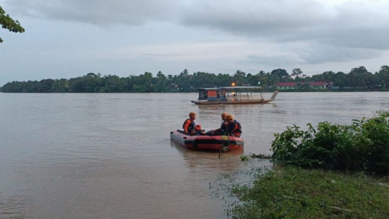 Tim SAR mencari warga yang terjatuh di Sungai Batanghari di bagian wilayah Desa Sengkati Gedang Kecamatan Mersam, Kabupaten Batanghari, Provinsi Jambi. (ANTARA/HO-Basarnas Jambi)
