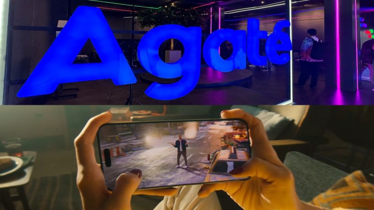 Kolase foto logo Agate yang terpampang pada kantornya di Bandung, Jawa Barat (atas), dan iPhone 15 Pro (bawah) (ANTARA/Pamela Sakina/Apple)