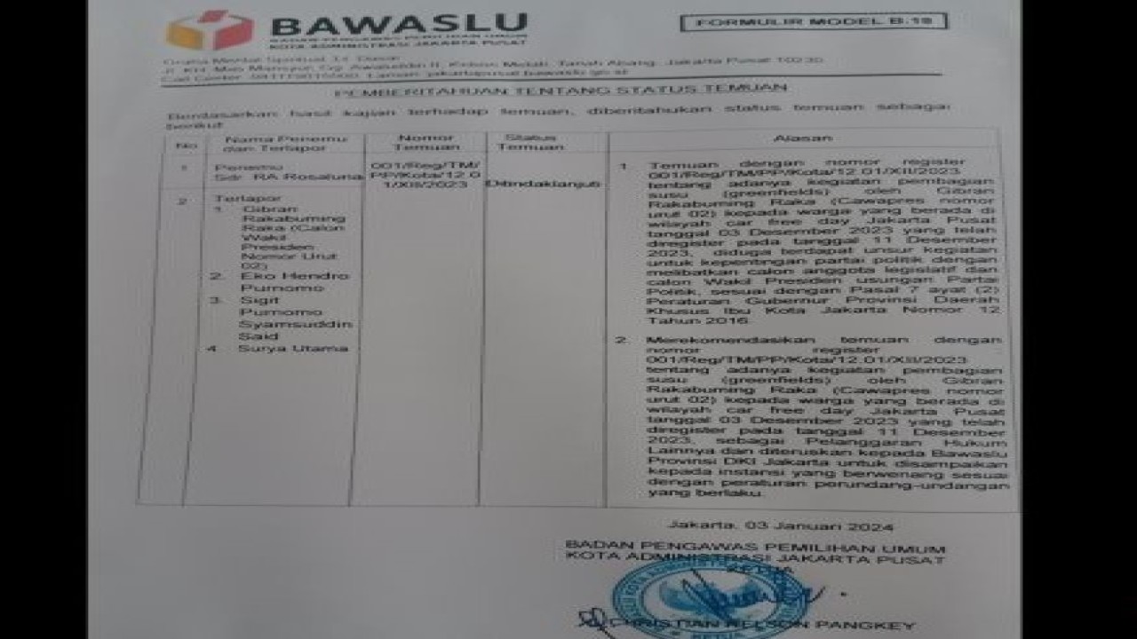 Surat Pemberitahuan tentang Status Temuan yang ditandatangani oleh Ketua Bawaslu Jakpus Christian Nelson Pangkey tertanggal 3 Januari 2024 di Jakarta. ANTARA/Tri Meilani Ameliya