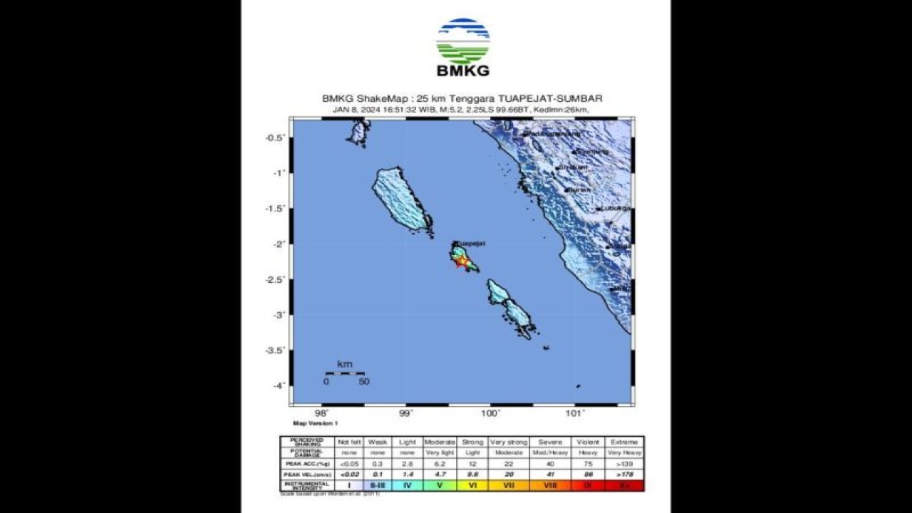 Tangkapan layar peta pusat gempa dengan magnitudo 5,2 yang terjadi di wilayah Kepulauan Mentawai, Sumatera Barat, Senin (8/1/2023) pukul 16.51 WIB. (ANTARA/BMKG)