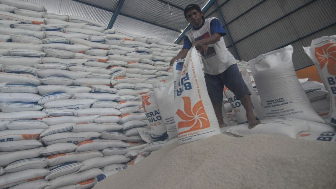 Pekerja menungkan beras untuk pengemasan ukuran lima kilogram di Gudang Bulog Baru (GBB) Sidomulyo, Kota Bengkulu, Bengkulu, Rabu (3/1/2024). ANTARA FOTO/Muhammad Izfaldi/Ief/rwa.