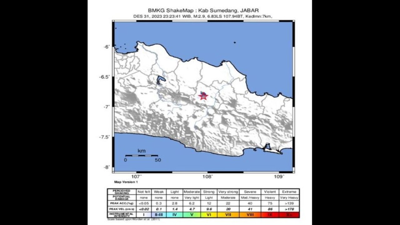 Peta gempa susulan di Sumedang, Jawa Barat, bermagnitudo 2,9, kedalaman 7 kilometer, pada Minggu (31/12/2023) pukul 23.23 WIB. (ANTARA/ HO-BMKG)