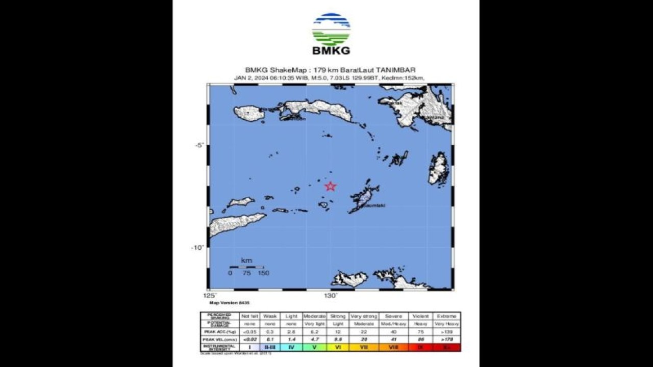 Peta pusat gempa dengan kekuatan magnitudo 5,0 di wilayah Laut, Banda, Selasa (2/1/2024). (ANTARA/HO-BMKG)