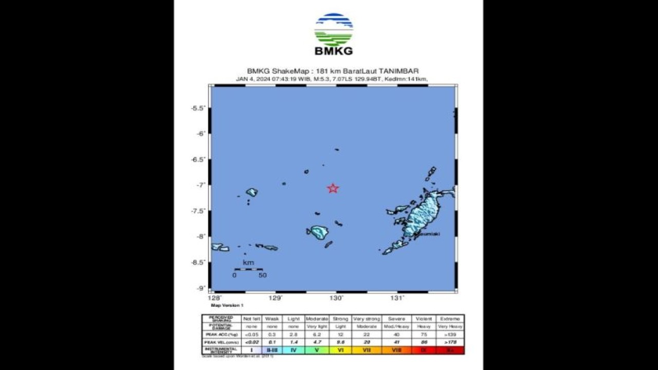Peta pusat gempa dengan kekuatan magnitudo 5,3 di wilayah Laut Banda, Maluku Tengah, Maluku, Kamis (4/1/2024). (ANTARA/HO-BMKG)