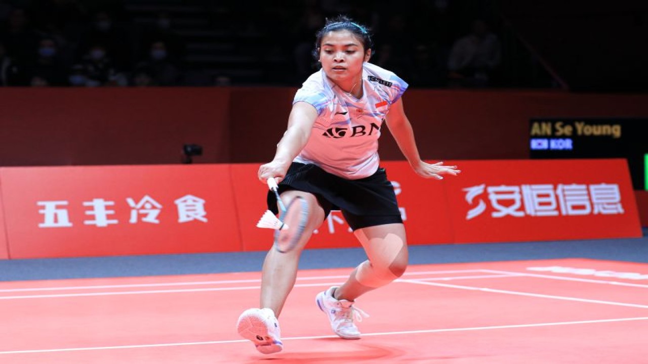 Tunggal putri Indonesia Gregoria Mariska Tunjung saat berlaga di babak kedua BWF World Tour Finals 2023 di Hangzhou, China, Kamis (14/12/2023). (ANTARA/HO/PP PBSI)