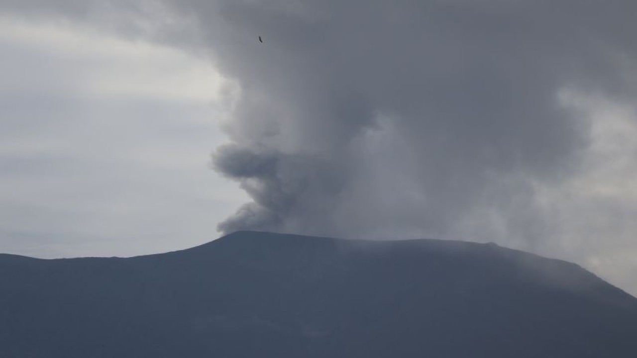 Potret Gunung Marapi menyemburkan abu vulkanik terlihat dari Kabupaten Agam, Sumatera Barat, Sabtu (13/1/2024). (ANTARA/Muhammad Zulfikar).