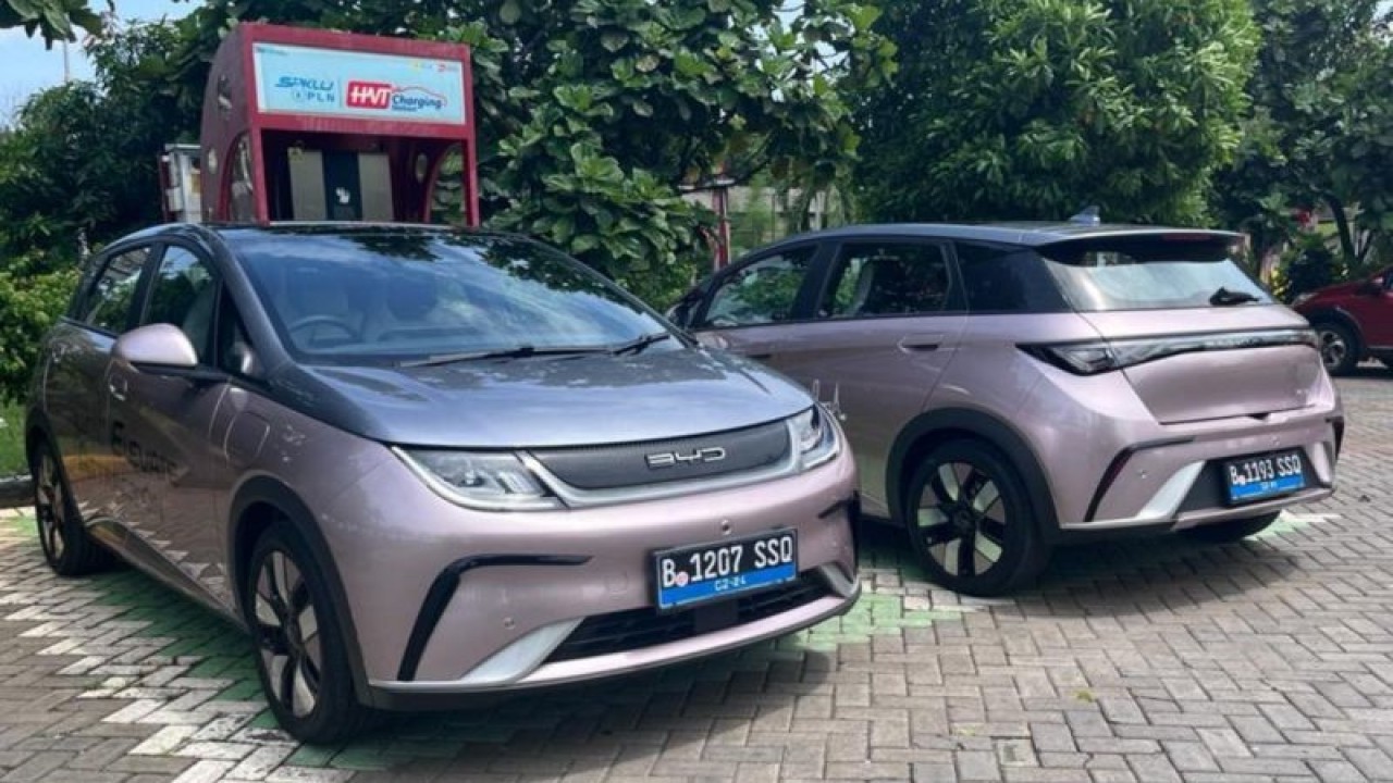 Mobil listrik BYD Dolphin terparkir di rest area di kawasan Sentul, Bogor, Jawa Barat, Senin (22/1/2024) (ANTARA/Fathur Rochman)