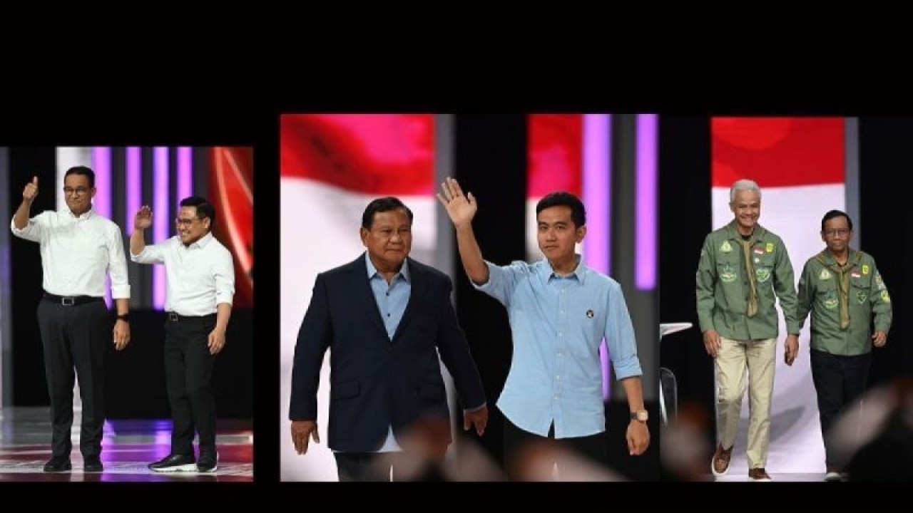 Tiga pasangan calon (paslon) presiden dan wakil presiden peserta Pilpres 2024 tiba di Balai Sidang JCC Senayan, Jakarta, Minggu (21/1/2024) malam, untuk mengikuti Debat Keempat Cawapres Pemilu 2024 yang diselenggarakan Komisi Pemilihan Umum (KPU) RI. ANTARA FOTO//M Risyal Hidayat/tom/pri.