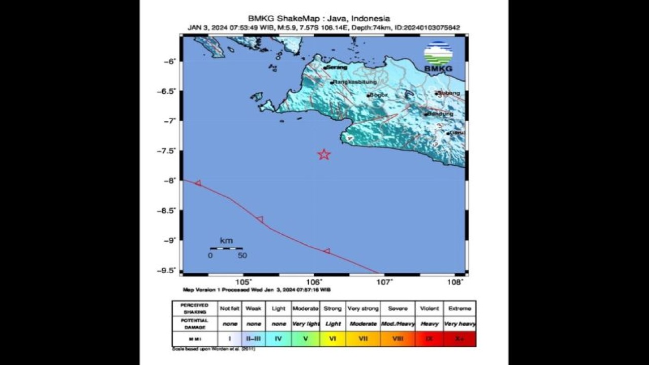 Peta pusat gempa dengan kekuatan magnitudo 5,9 di Selatan Jawa Barat, Rabu (3/1/2024). (ANTARA/HO-BMKG)